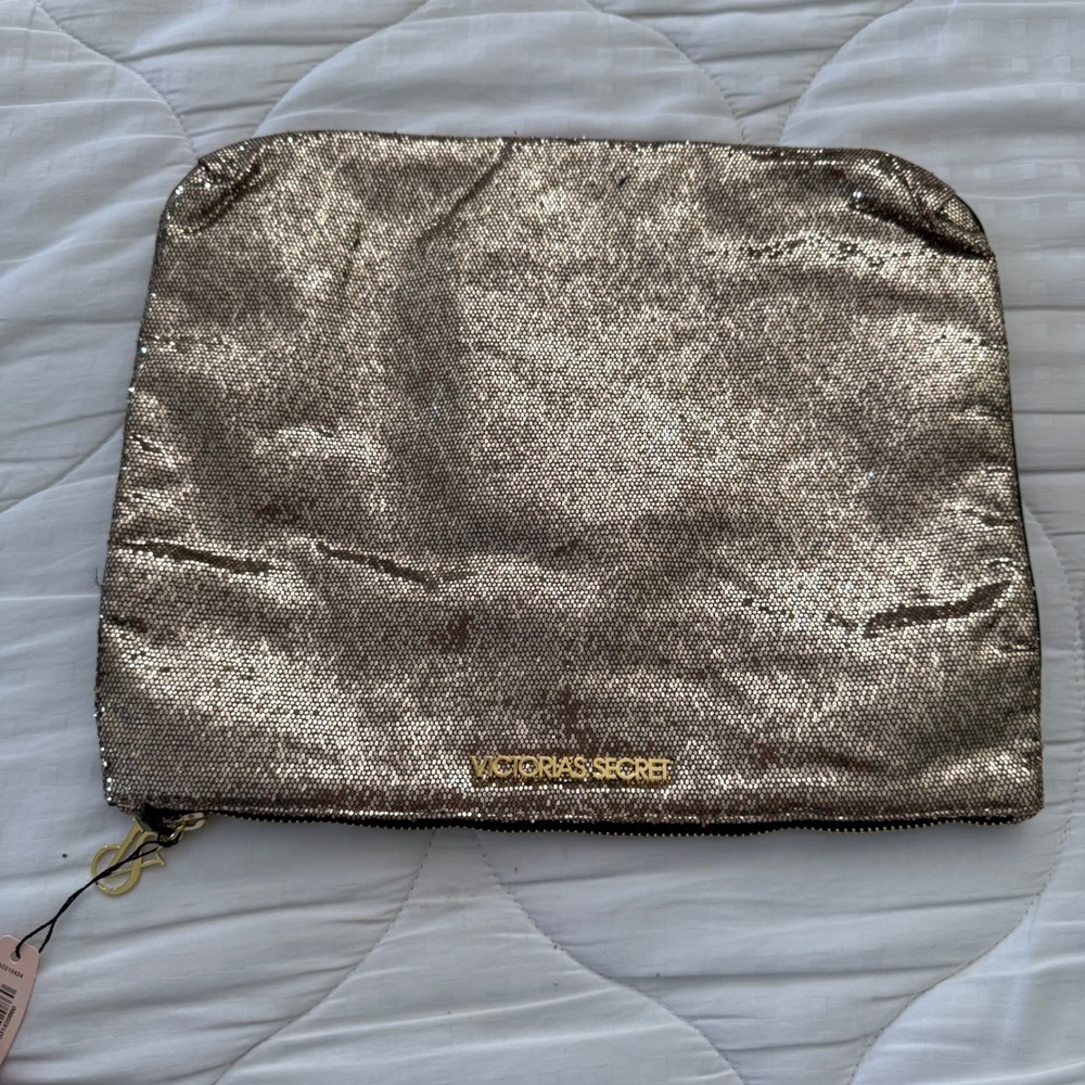 Victoria's Secret Metallic Gold Cosmetic Bag Large Travel Makeup Pouch NWT